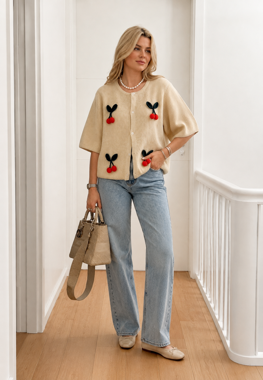 Cardigan femme motifs cerises manches courtes léger mi-saison - Culemena