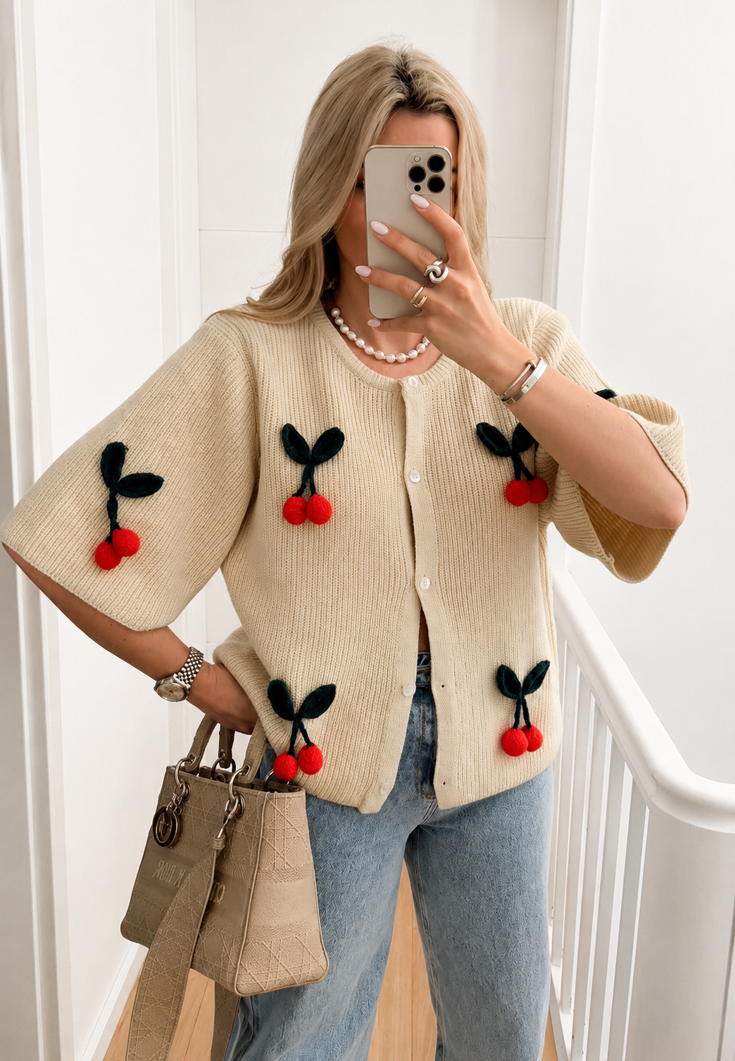 Cardigan femme motifs cerises manches courtes léger mi-saison - Culemena