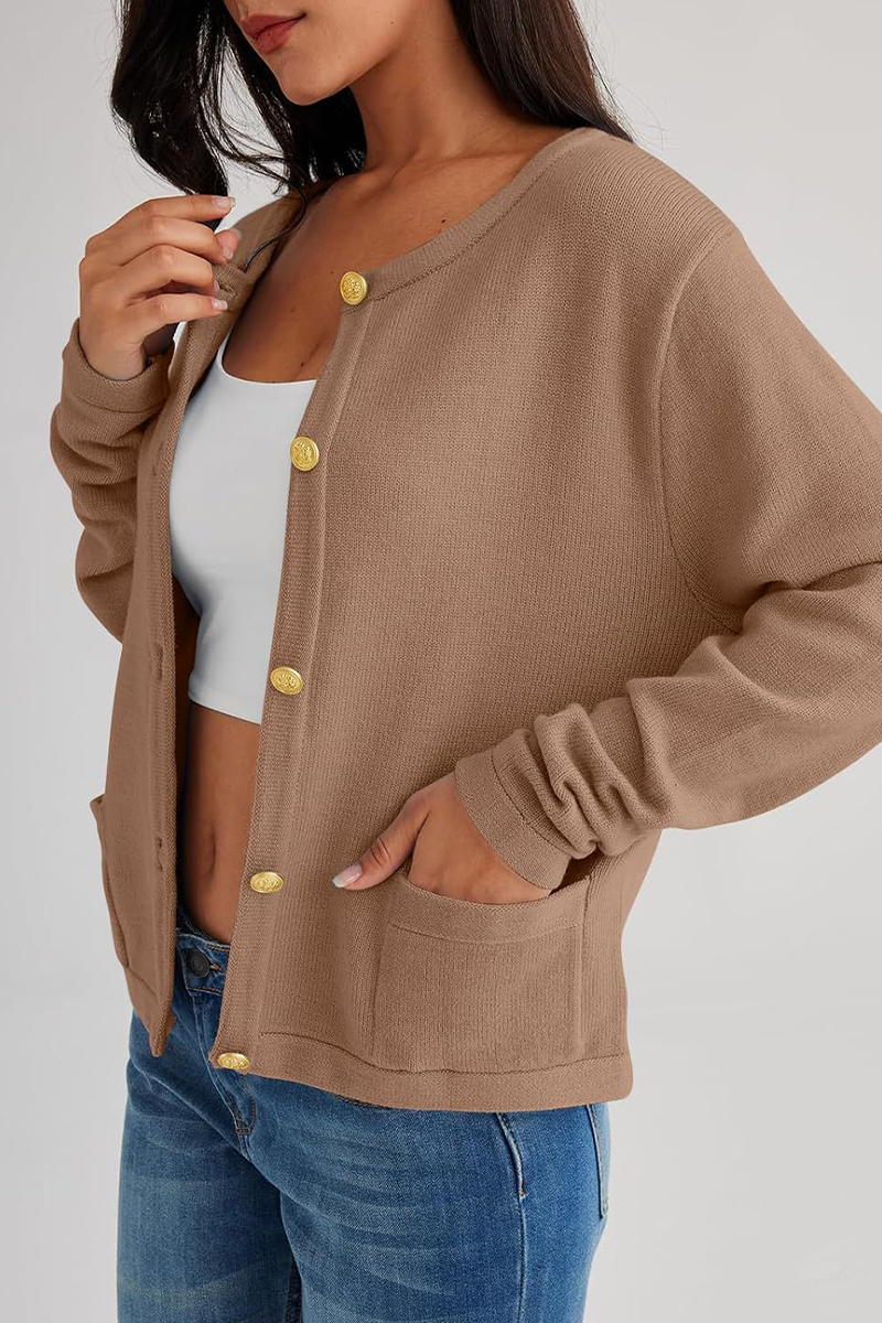Cardigan femme maille col rond boutons poches classique - Sorelia