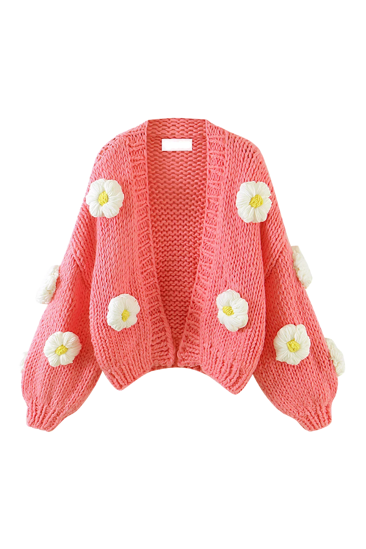 Cardigan femme maille épaisse motifs floraux manches bouffantes - Mulinne