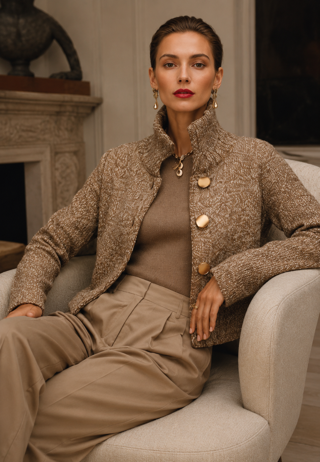 Cardigan femme élégant col montant boutons maille chic - Kissa