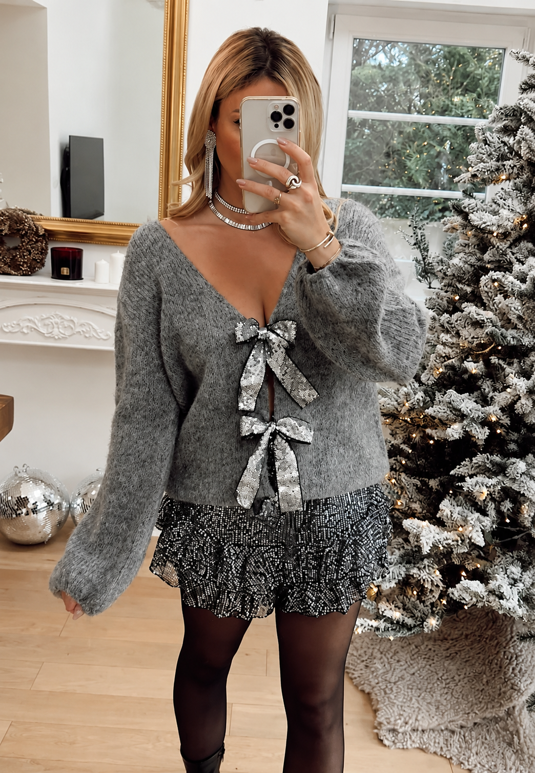 Cardigan femme maille nœuds brillants encolure V élégant - Coronas