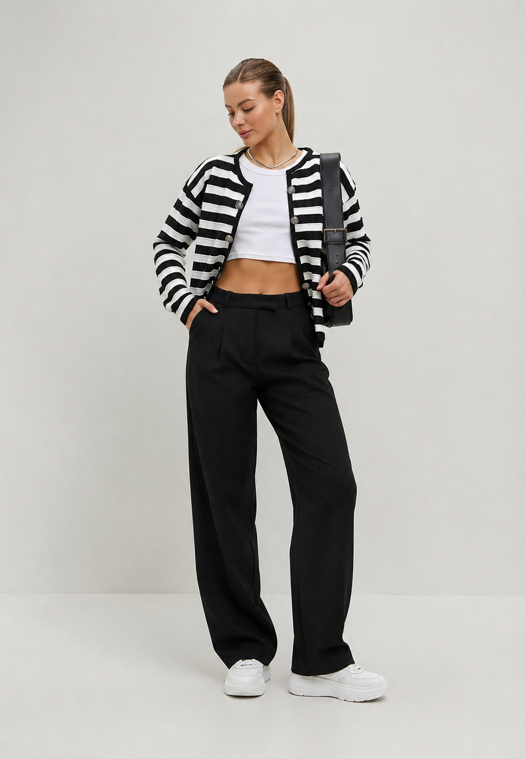 Cardigan femme rayures bicolores manches longues boutons métalliques - Liora
