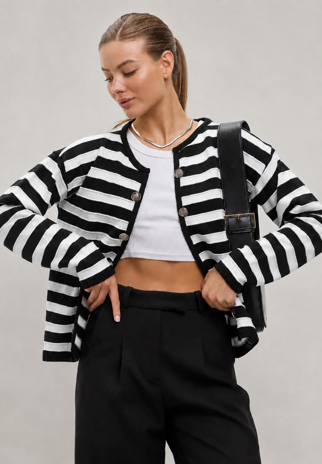 Cardigan femme rayures bicolores manches longues boutons métalliques - Liora