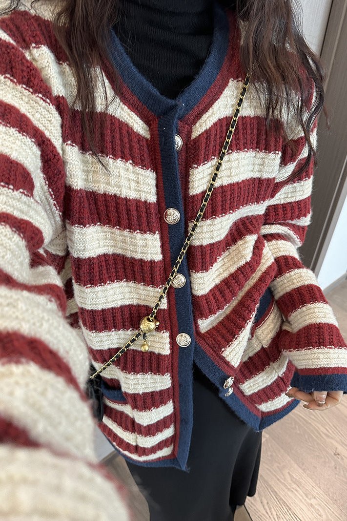 Cardigan femme rayures boutons métalliques bordures contrastées - Pastinne