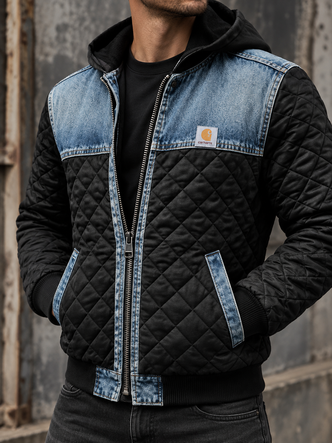 Cazadora acolchada hombre capucha paneles denim rombos contraste casual - Lex