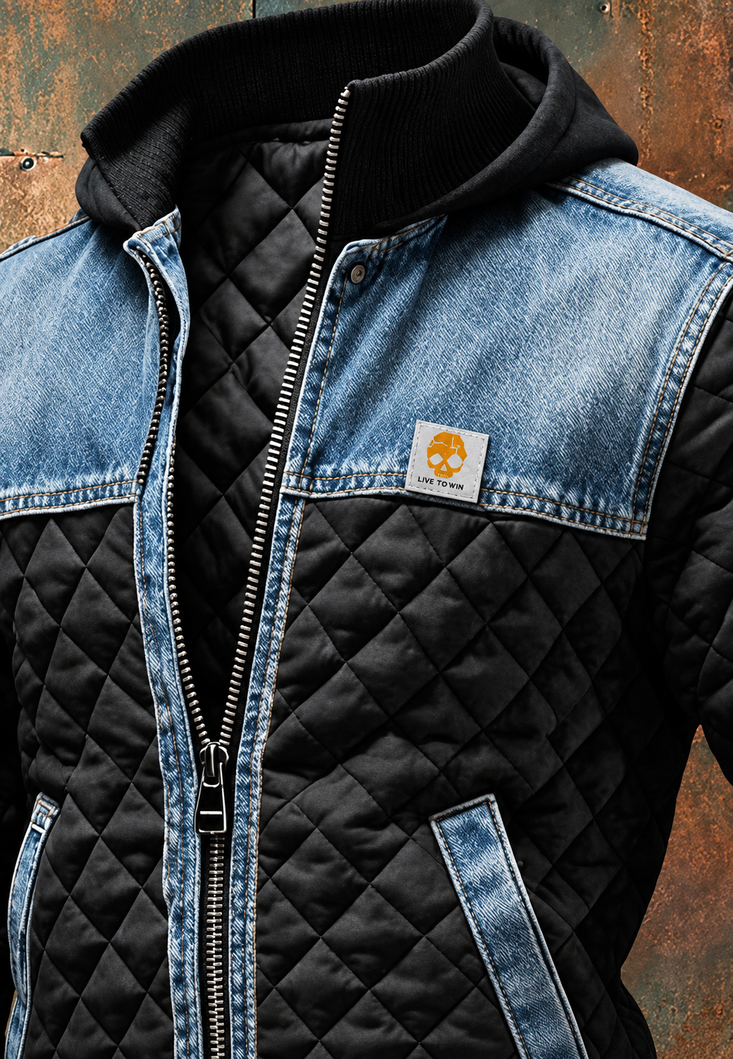Cazadora acolchada hombre capucha paneles denim rombos contraste casual - Lex