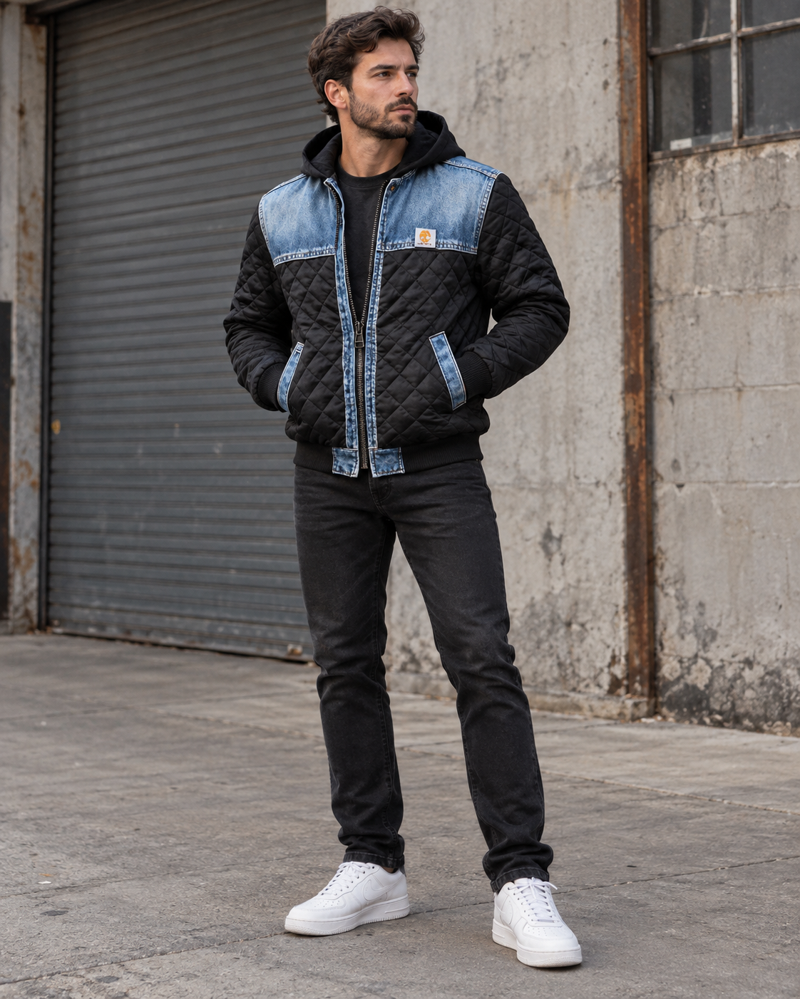 Veste matelassée homme capuche empiècements denim chaude - Lex