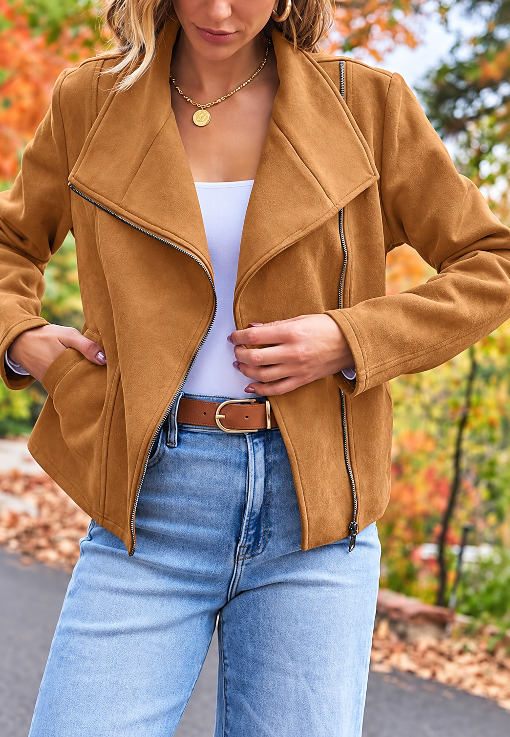 Cazadora biker mujer efecto ante cremallera diagonal corta suave otoño - Noémie