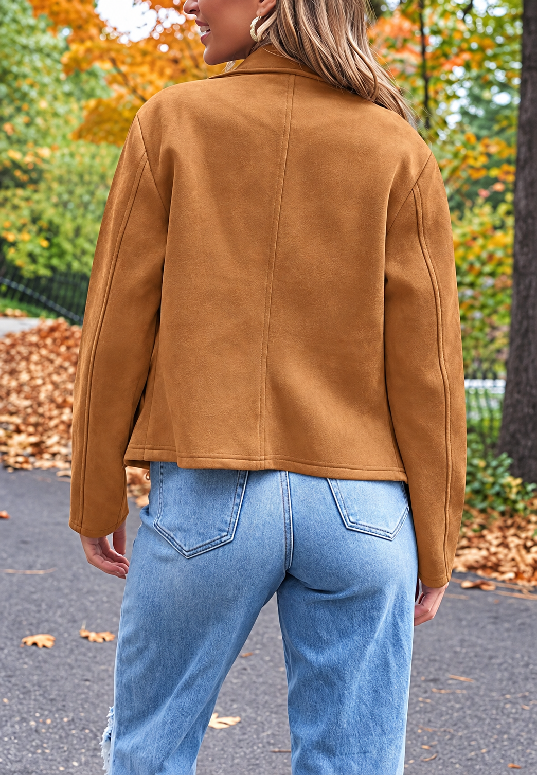 Cazadora biker mujer efecto ante cremallera diagonal corta suave otoño - Noémie