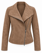 Cazadora biker mujer efecto ante cremallera diagonal corta suave otoño - Noémie