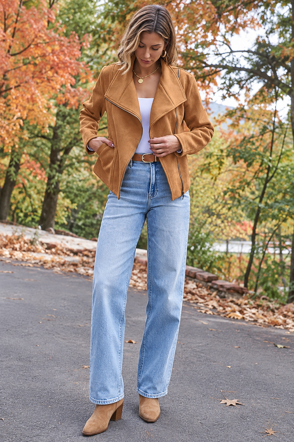 Cazadora biker mujer efecto ante cremallera diagonal corta suave otoño - Noémie