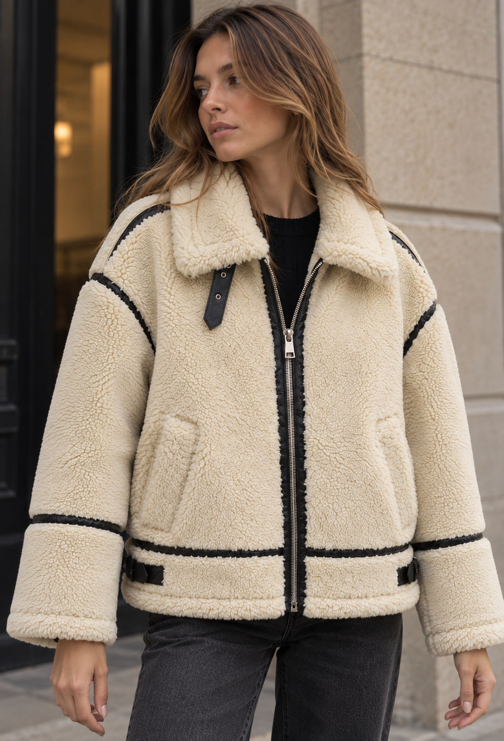 Blouson sherpa femme fermeture éclair court chaud hiver - Ottilie