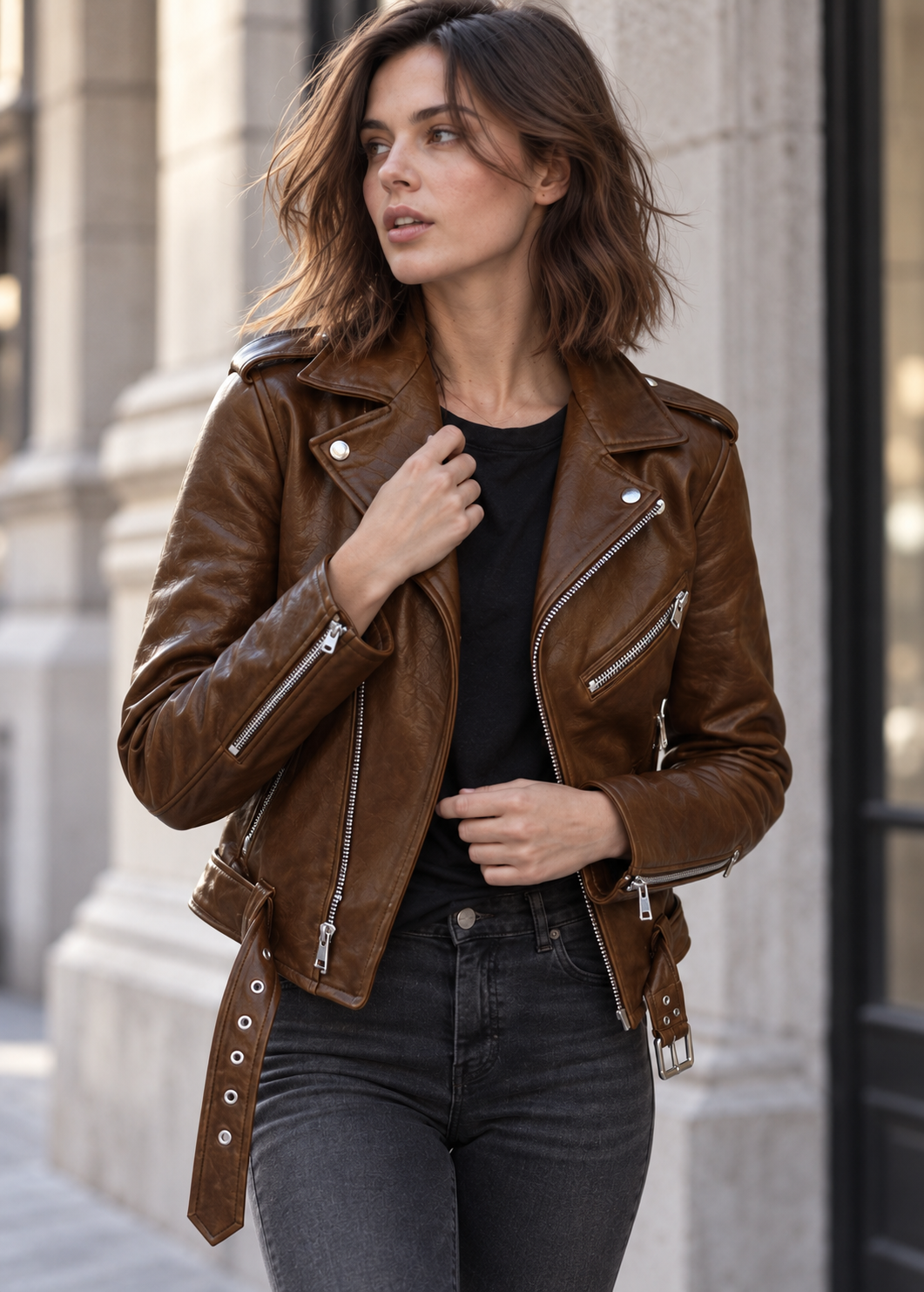Veste motard femme effet cuir ceinture réglable zippée - Faustine