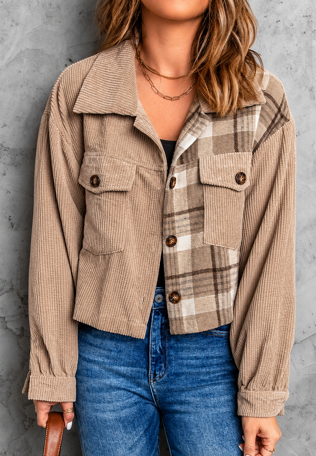 Veste courte velours côtelé femme carreaux motif texturé - Isaline
