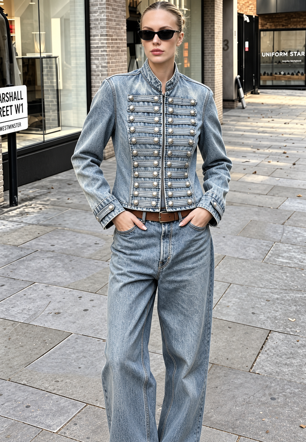 Veste jean femme col mao boutons métalliques denim moderne - Apolline