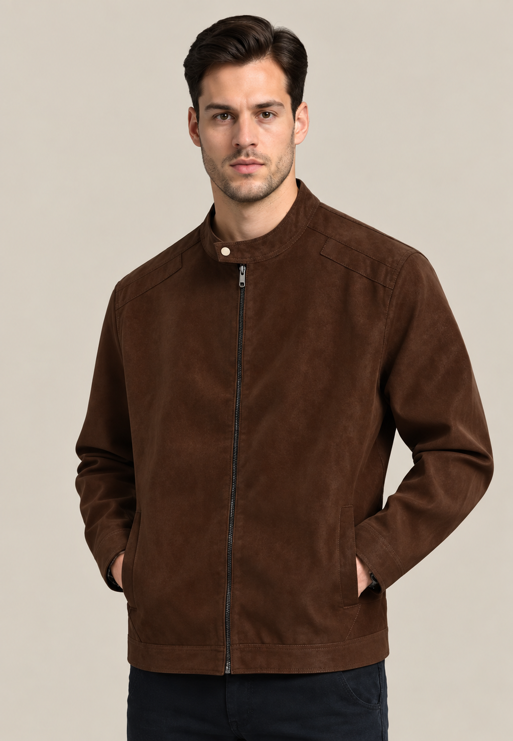 Veste homme effet daim col montant fermeture éclair devant - Mathis