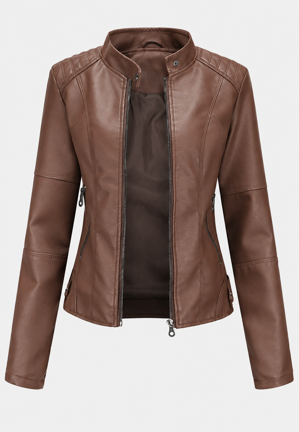 Veste femme effet cuir col mao poches zippées moderne - Iseult