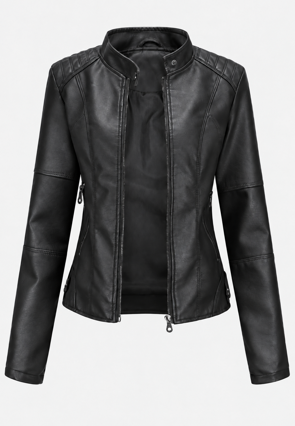 Veste femme effet cuir col mao poches zippées moderne - Iseult