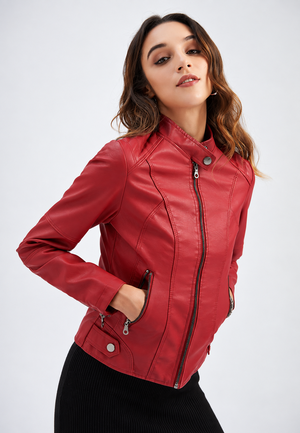Veste femme effet cuir col mao poches zippées moderne - Iseult