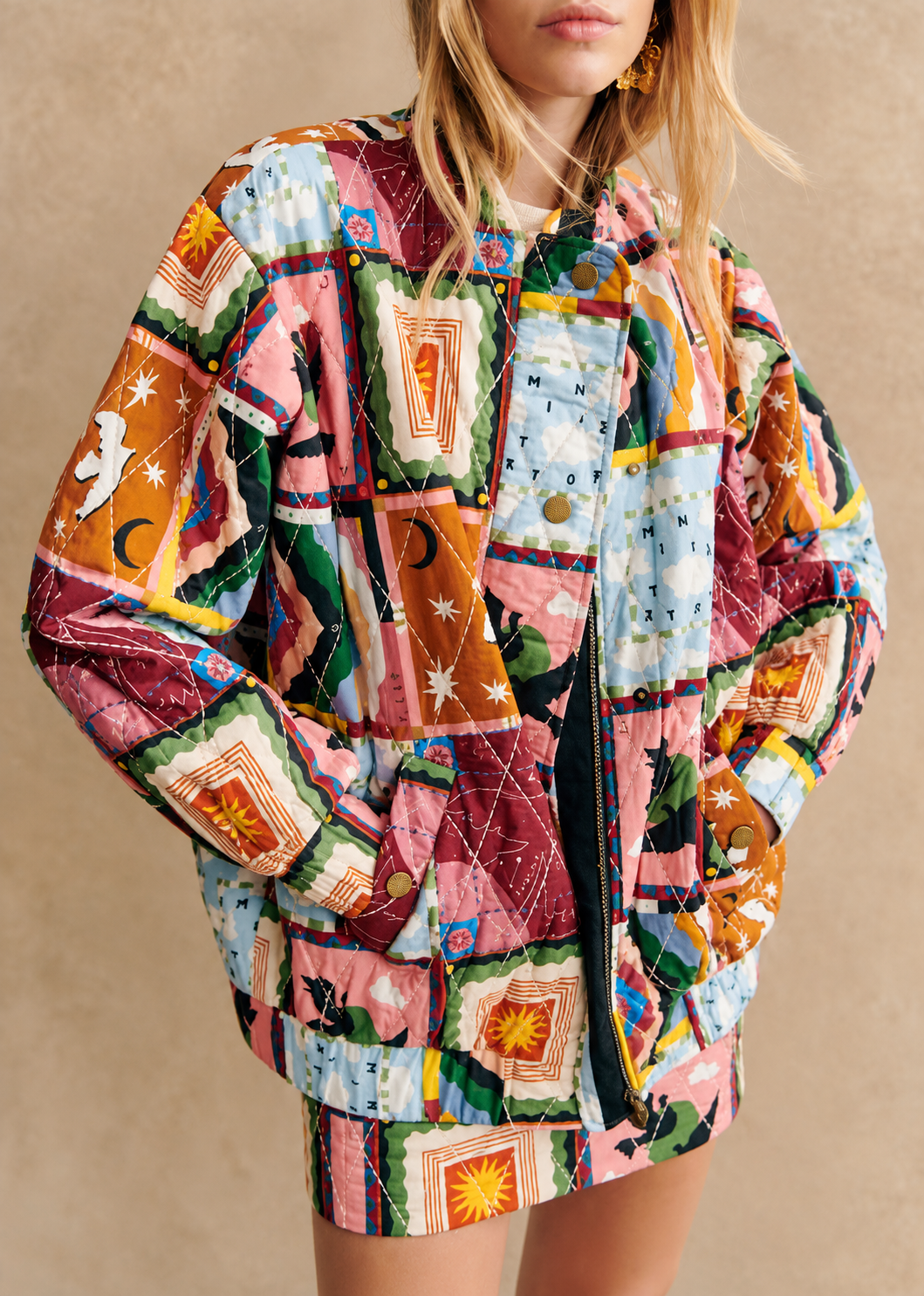 Blouson matelassé femme patchwork céleste col montant - Jasmina