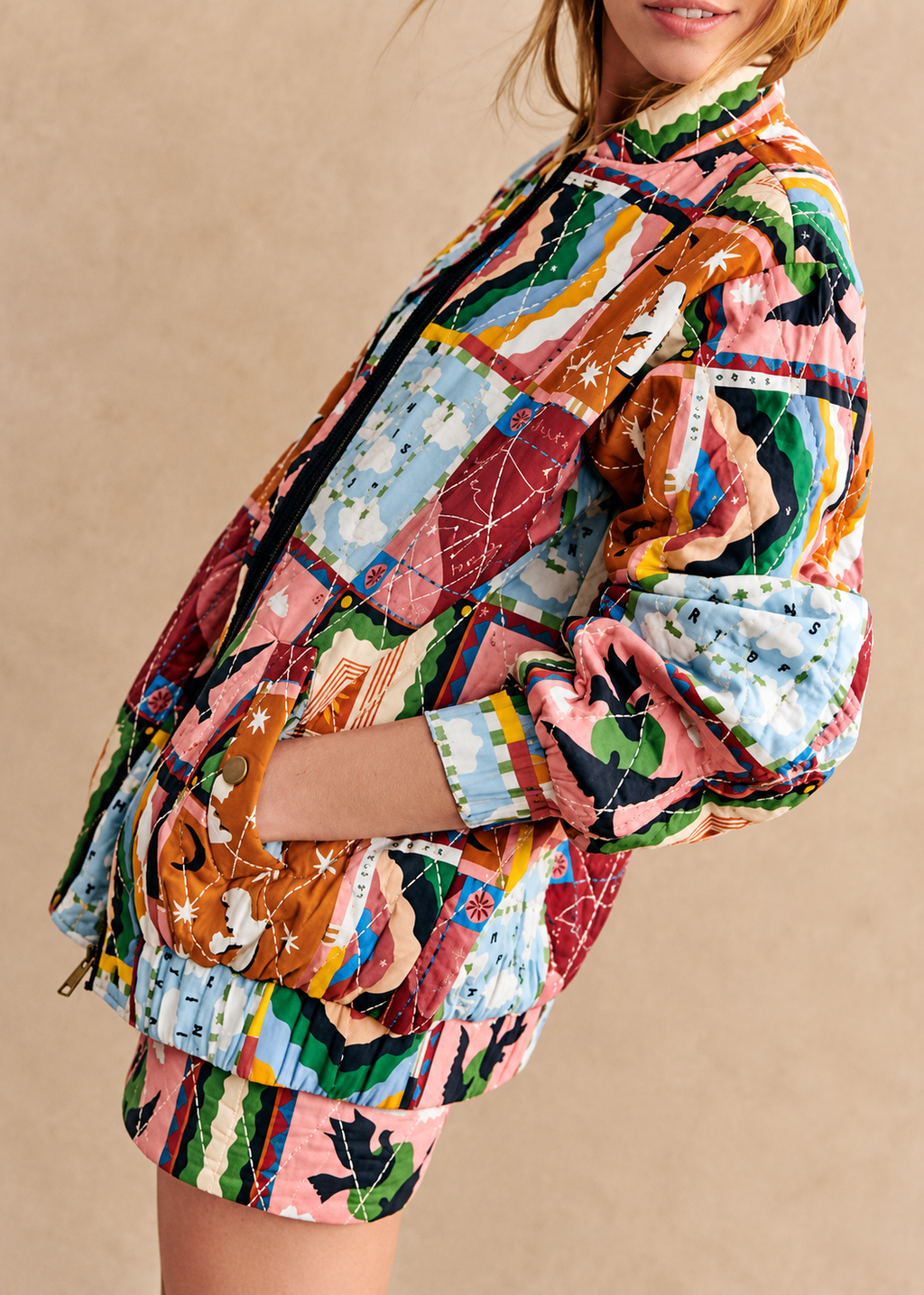 Blouson matelassé femme patchwork céleste col montant - Jasmina