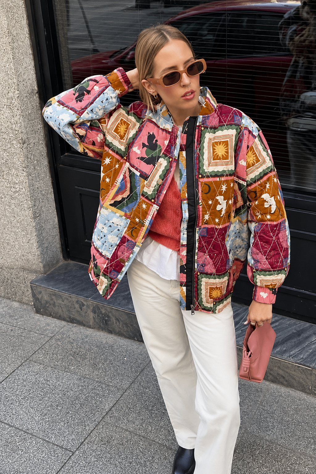 Blouson matelassé femme patchwork céleste col montant - Jasmina