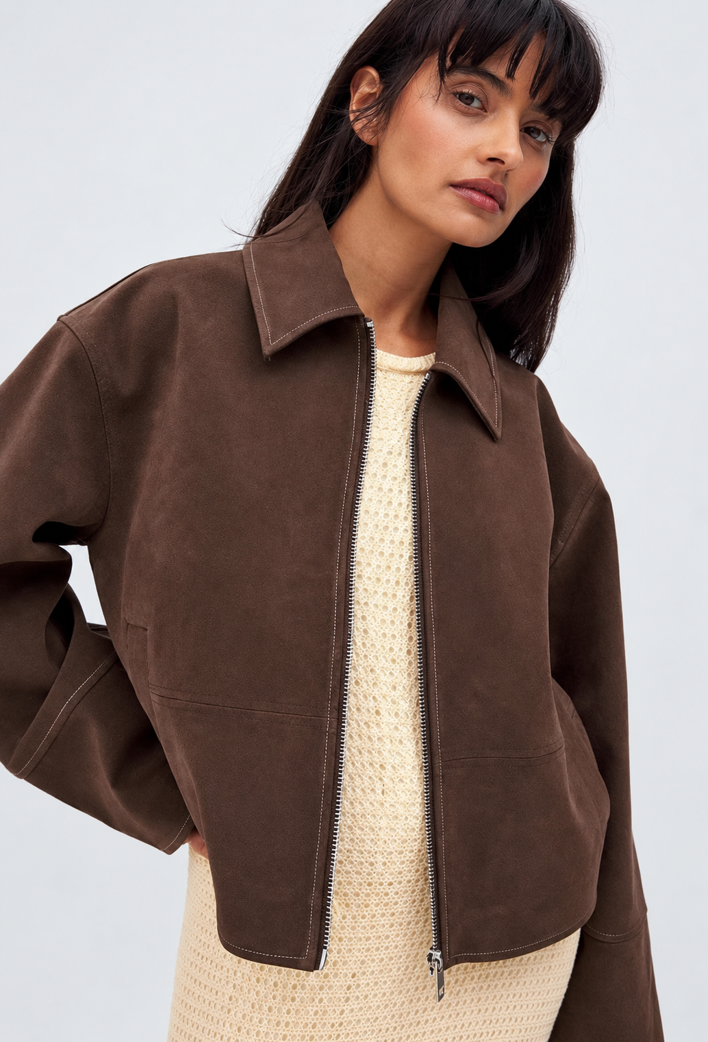 Blouson femme effet daim coupe droite fermeture éclair - Hedvika