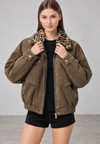 Veste femme effet daim col fourrure imprimé animalier - Sabela