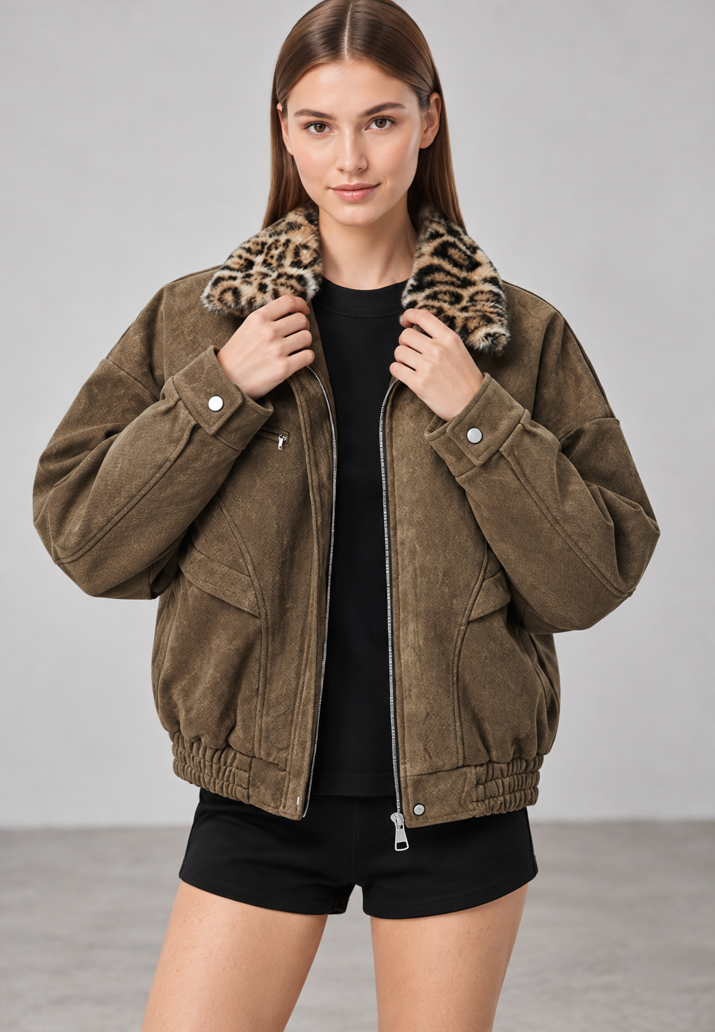 Veste femme effet daim col fourrure imprimé animalier - Sabela
