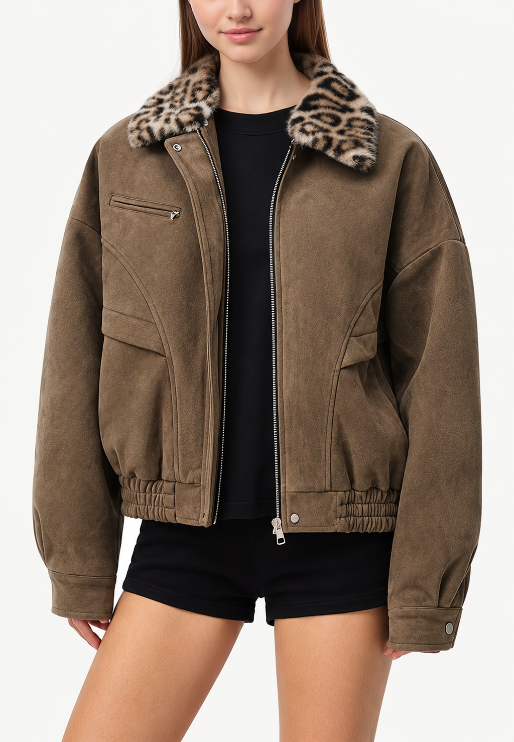 Veste femme effet daim col fourrure imprimé animalier - Sabela