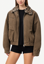 Veste femme effet daim col fourrure imprimé animalier - Sabela