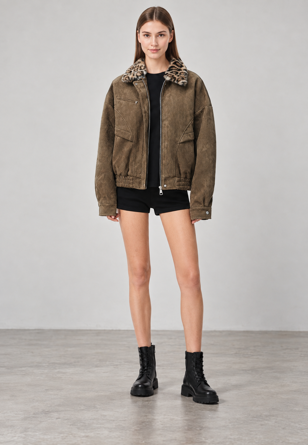 Veste femme effet daim col fourrure imprimé animalier - Sabela