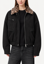 Veste femme effet daim col fourrure imprimé animalier - Sabela