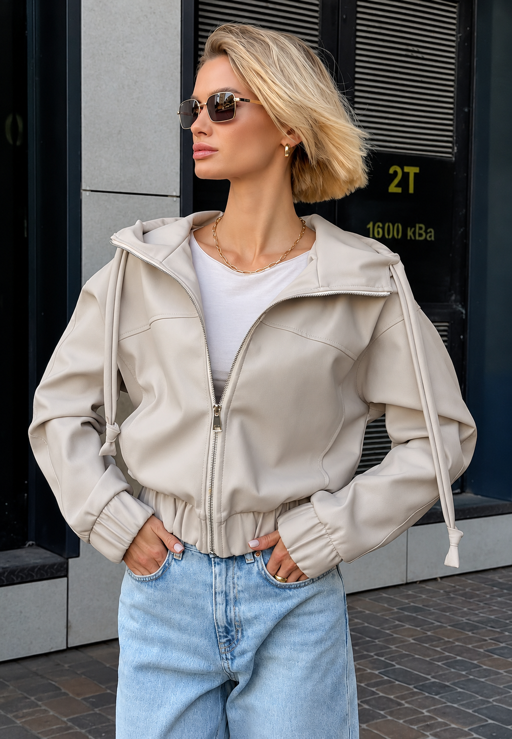 Veste femme effet cuir capuche fermeture éclair casual - Nerea