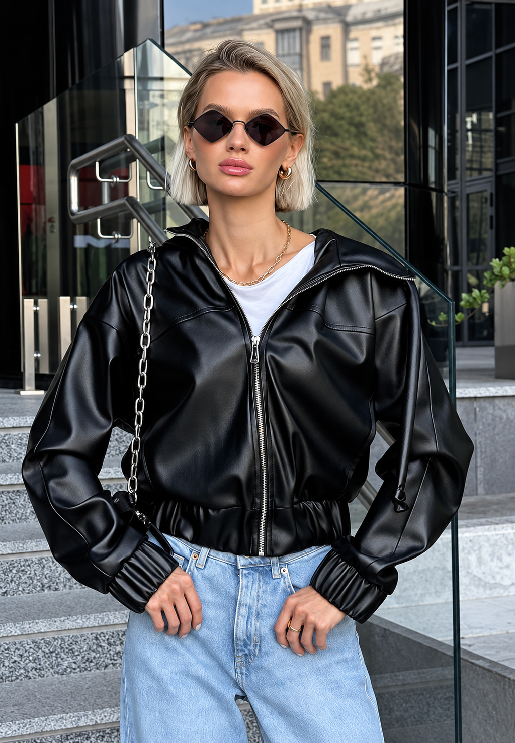 Veste femme effet cuir capuche fermeture éclair casual - Nerea