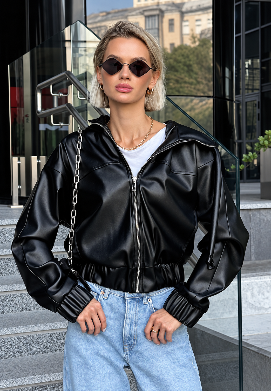 Veste femme effet cuir capuche fermeture éclair casual - Nerea