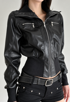 Blouson femme effet cuir taille ajustée zips courte biker - Yvette