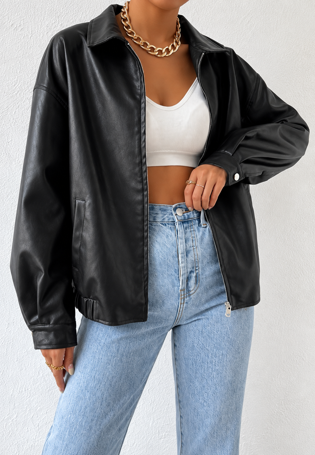 Veste femme effet cuir fermeture éclair col chemise urbaine - Aroa