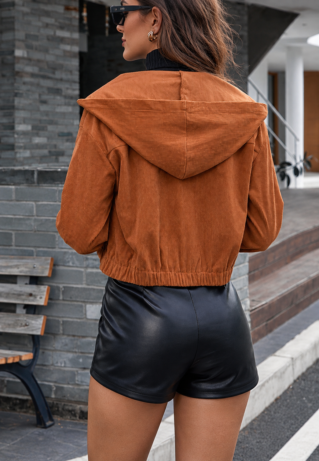 Veste velours côtelé femme courte capuche poches à rabat - Nalia