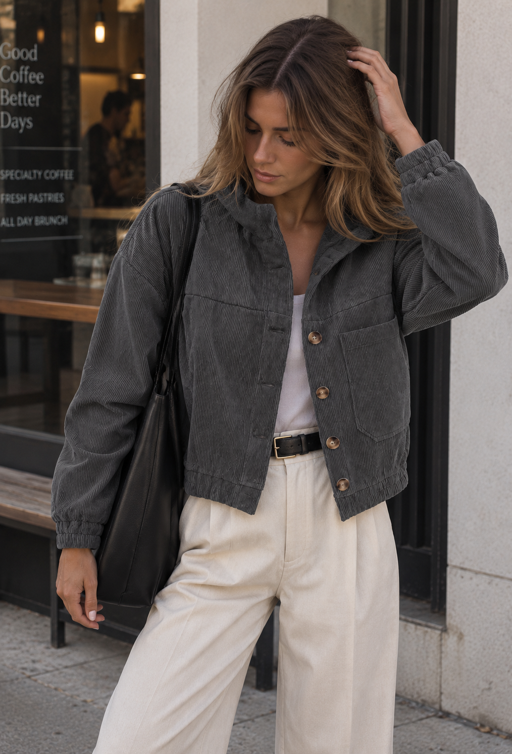 Veste velours côtelé femme coupe courte col chemise poches plaquées - Anouk