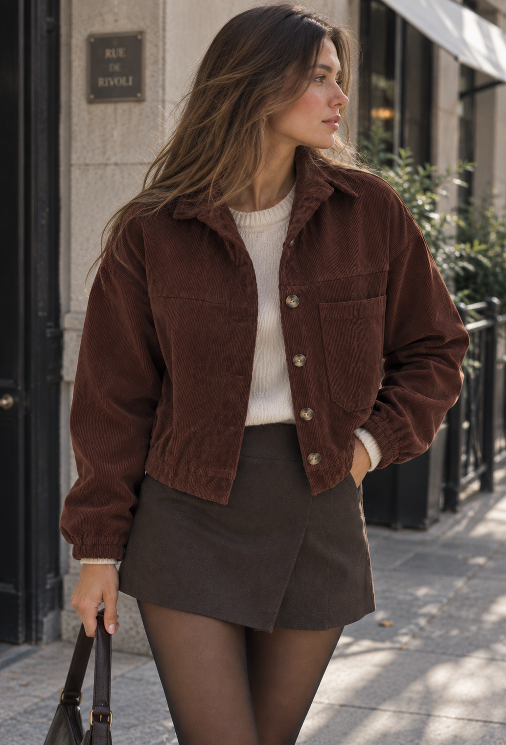 Veste velours côtelé femme coupe courte col chemise poches plaquées - Anouk