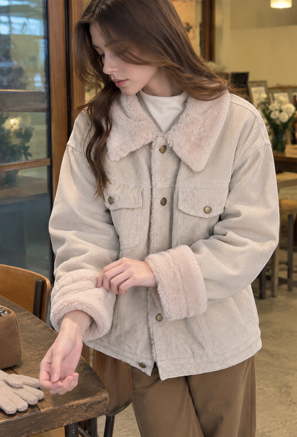 Veste velours côtelé femme col effet fourrure poches chaude - Sidonie