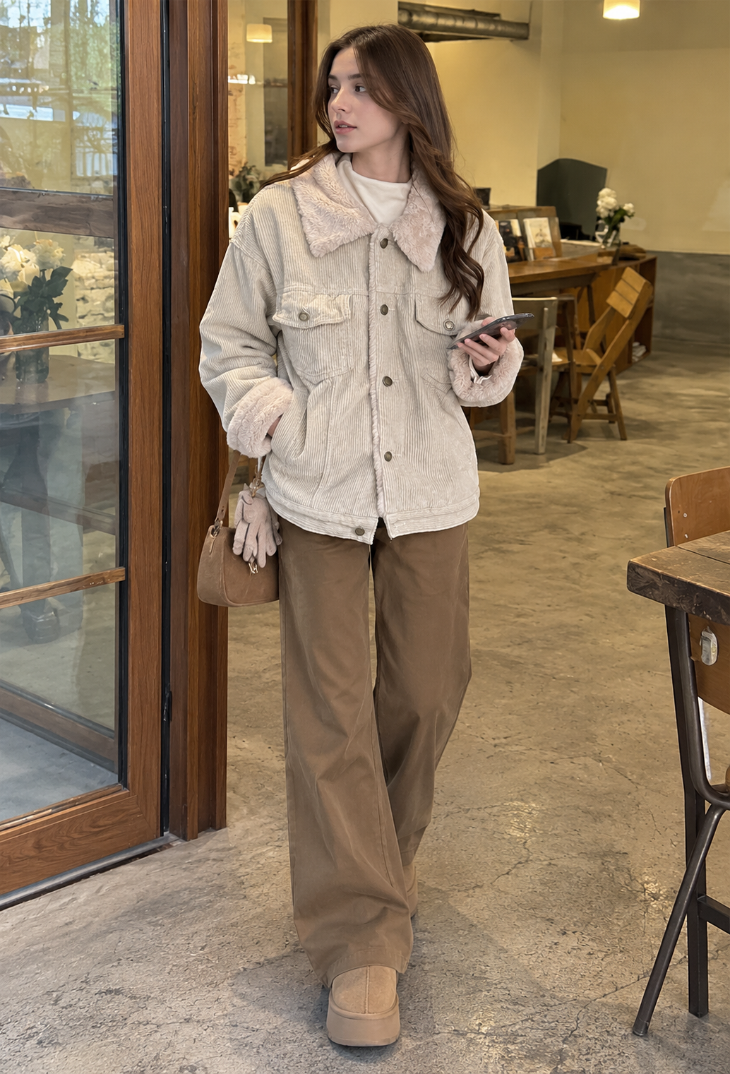 Veste velours côtelé femme col effet fourrure poches chaude - Sidonie