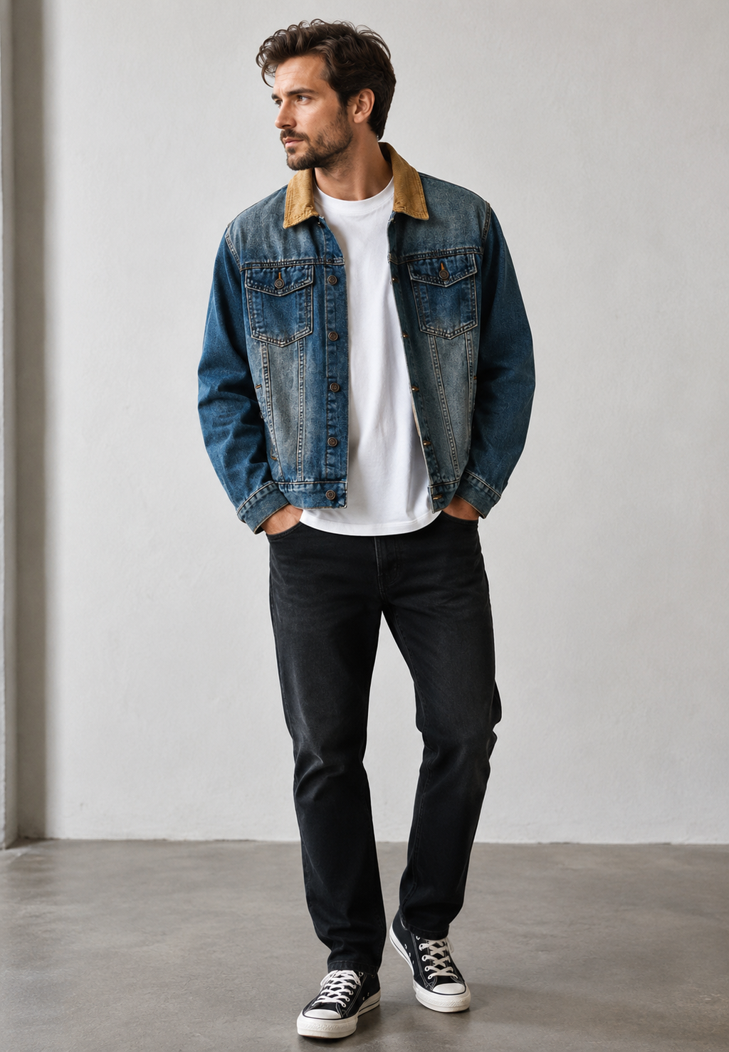 Veste jean homme col velours côtelé effet délavé denim - Dario