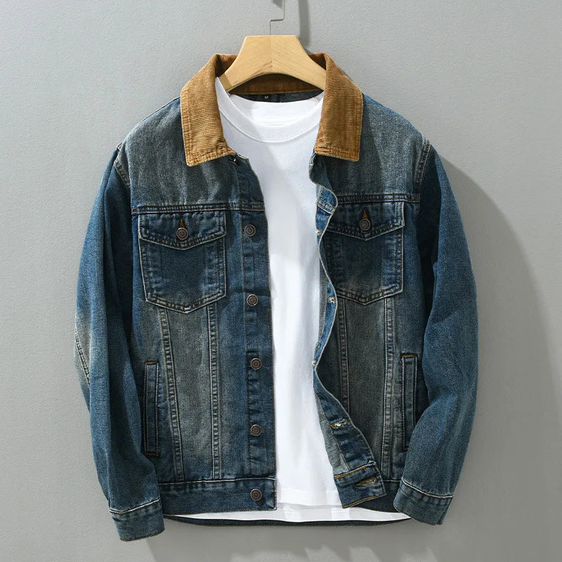 Veste jean homme col velours côtelé effet délavé denim - Dario
