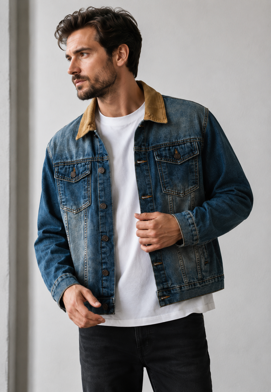Veste jean homme col velours côtelé effet délavé denim - Dario
