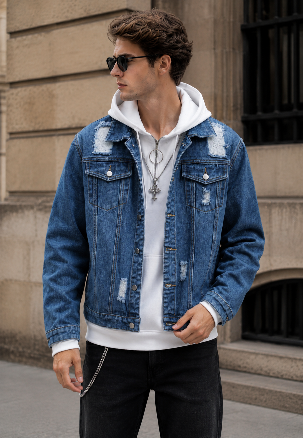 Veste jean homme effet délavé déchirures denim destroy - Jannik