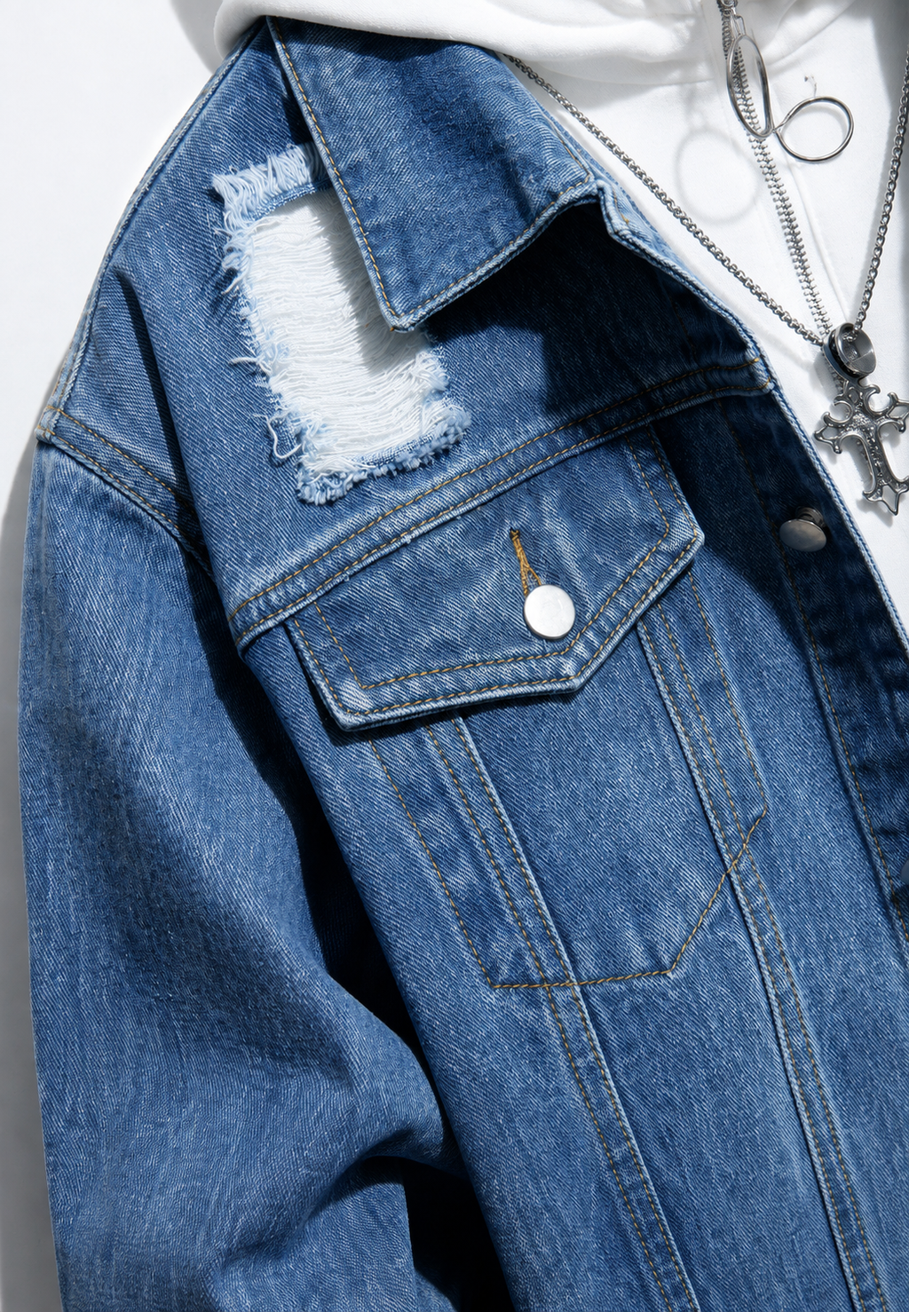 Veste jean homme effet délavé déchirures denim destroy - Jannik