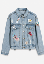 Veste jean courte femme empiècements effet délavé denim - Odette